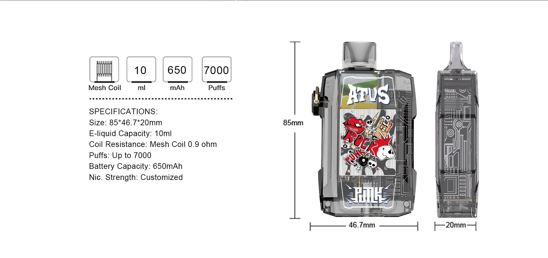 DE012 7000 Puffs E-rokok pakai buang dengan kartrij boleh cas semula dan aliran udara boleh laras ATVS Vape