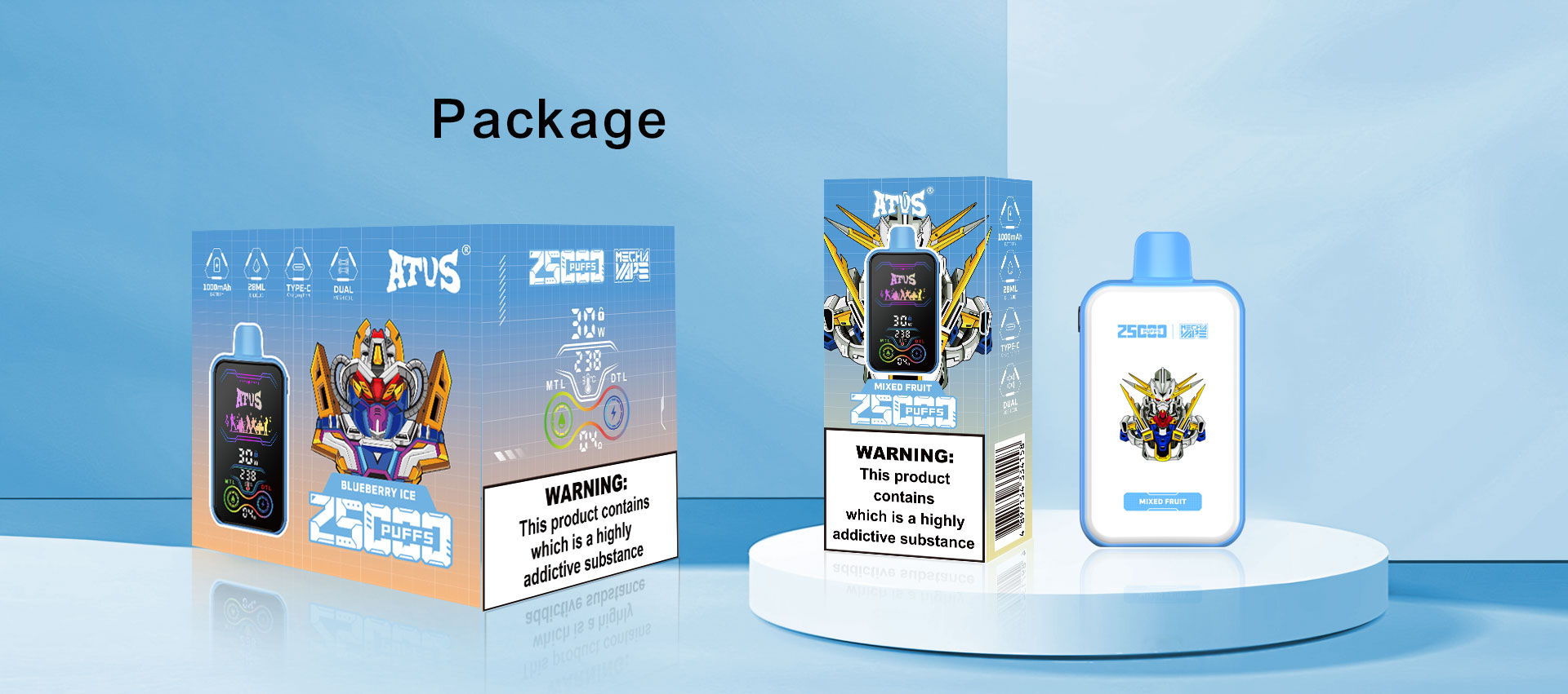 DE022-25000 Puffs 28ml Vape pakai buang dengan Skrin Sentuh Boleh Dicas semula dan Aliran Udara Boleh Laras ATVS Vape