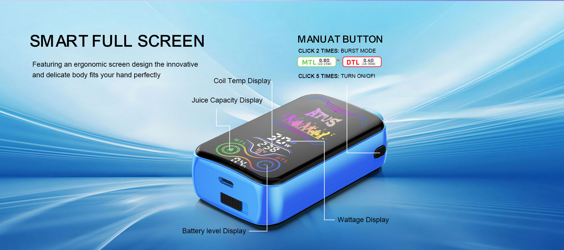 DE022-25000 Puffs 28ml Vape pakai buang dengan Skrin Sentuh Boleh Dicas semula dan Aliran Udara Boleh Laras ATVS Vape