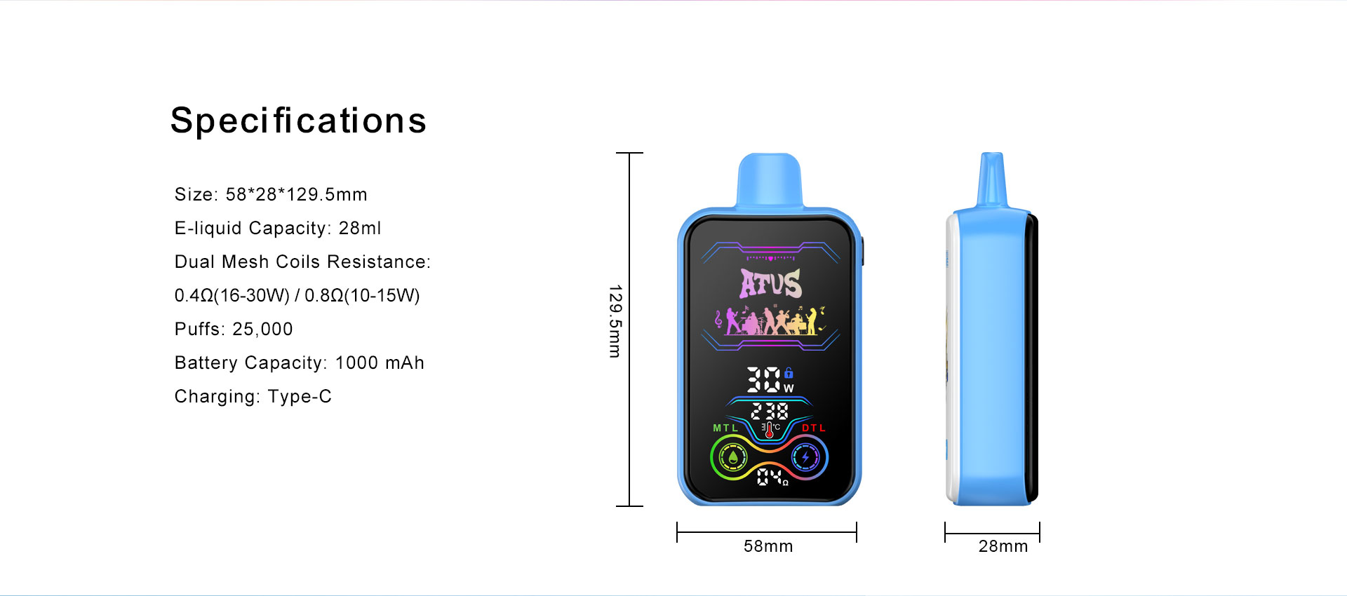 DE022-25000 Puffs 28ml Vape pakai buang dengan Skrin Sentuh Boleh Dicas semula dan Aliran Udara Boleh Laras ATVS Vape