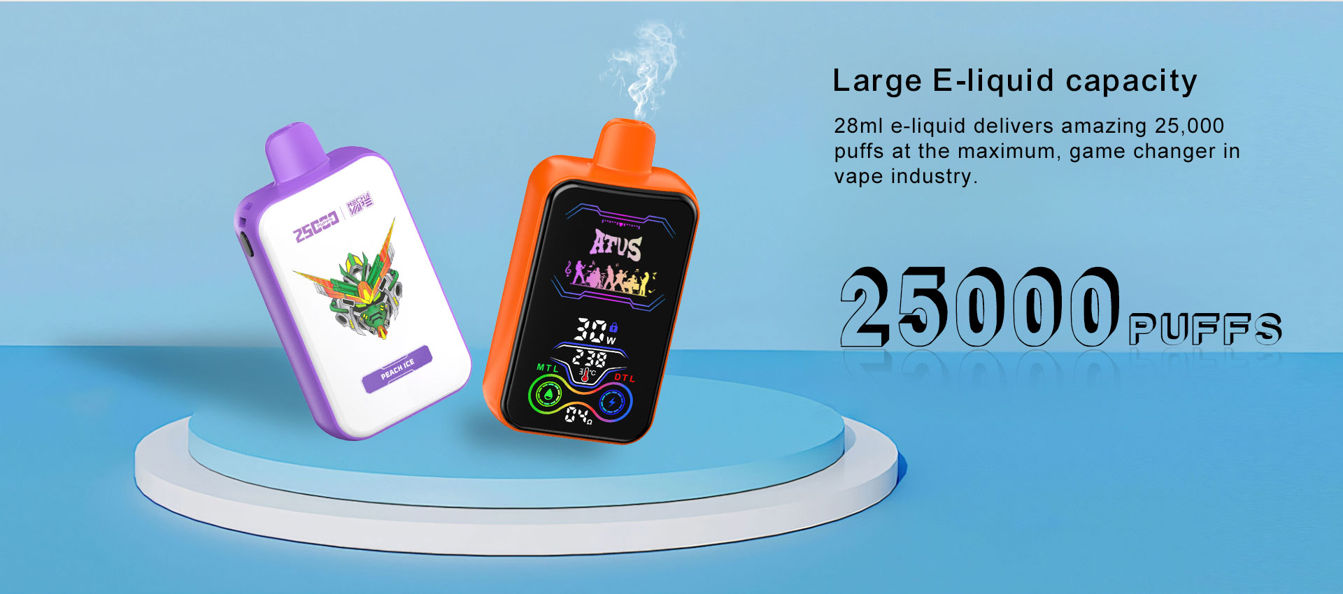 DE022-25000 Puffs 28ml Vape pakai buang dengan Skrin Sentuh Boleh Dicas semula dan Aliran Udara Boleh Laras ATVS Vape