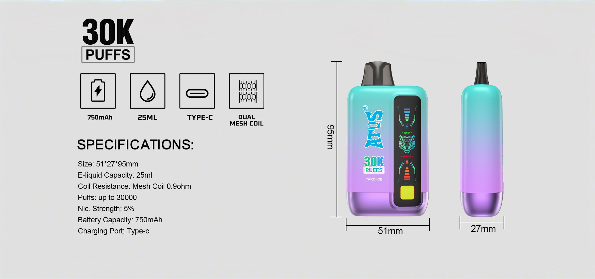 DE026 Disposable Vape 30000 Puffs pakai buang dengan Paparan LED dan Dual Airflow Mesh Coil MTL DTL ATVS Vape