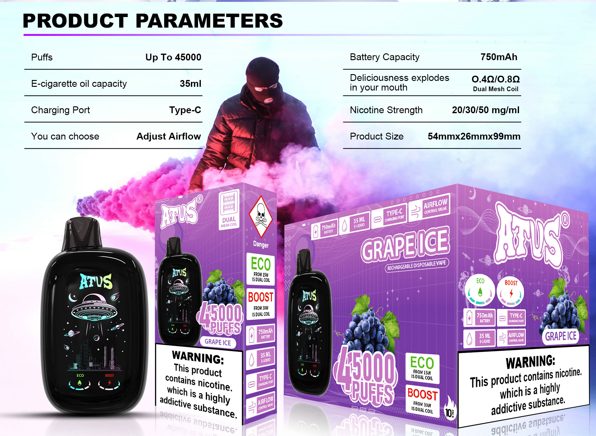 DE027 45000 Puffs 28ml Vape pakai buang dengan Skrin Sentuh Boleh Dicas semula dan Aliran Udara Boleh Laras ATVS Vape
