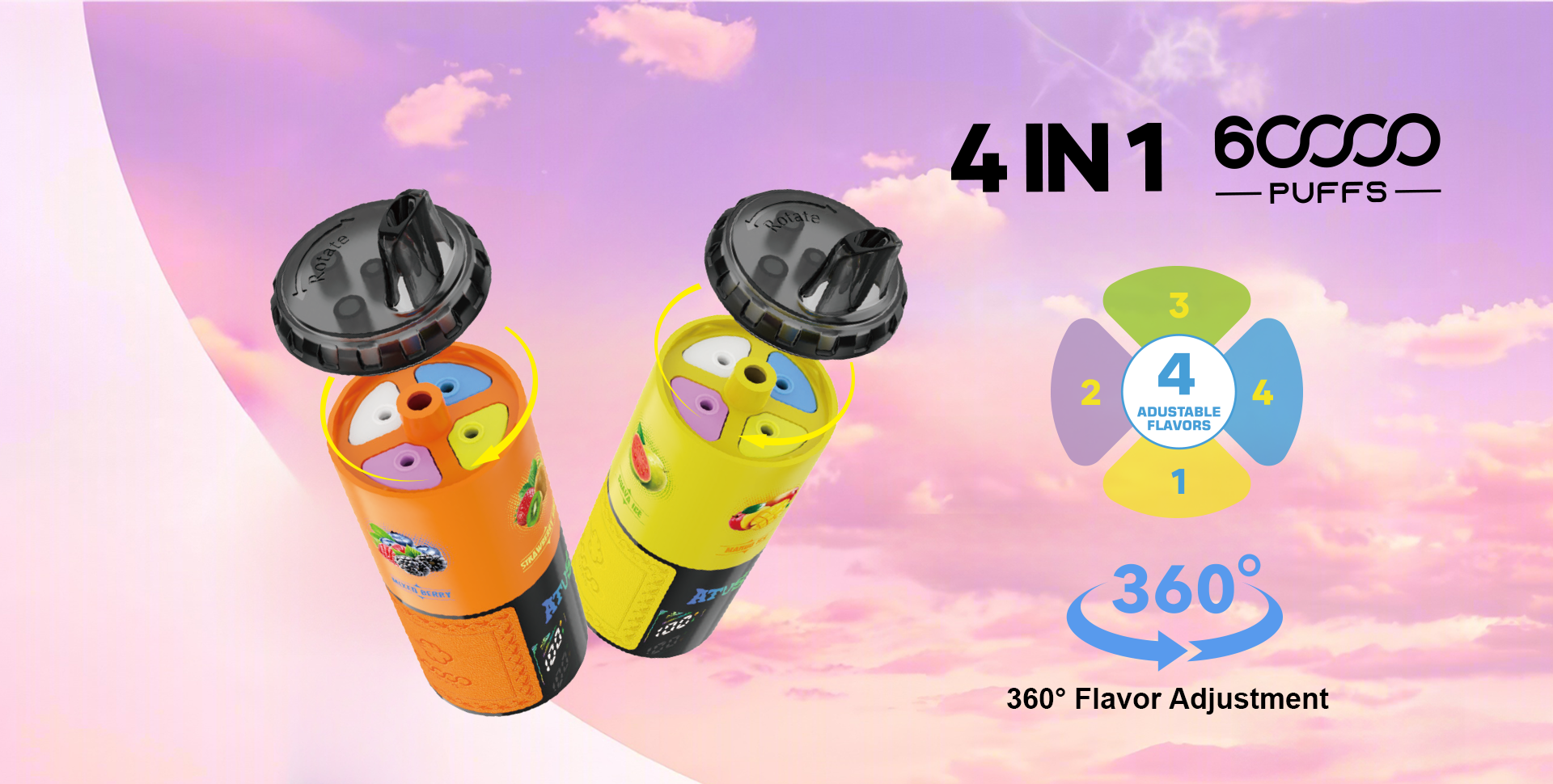 DE030 60000 Puffs Disposable Vape dengan paparan skrin Pintar dan perisa Empat dalam satu boleh laras caj pantas ATVS Vape