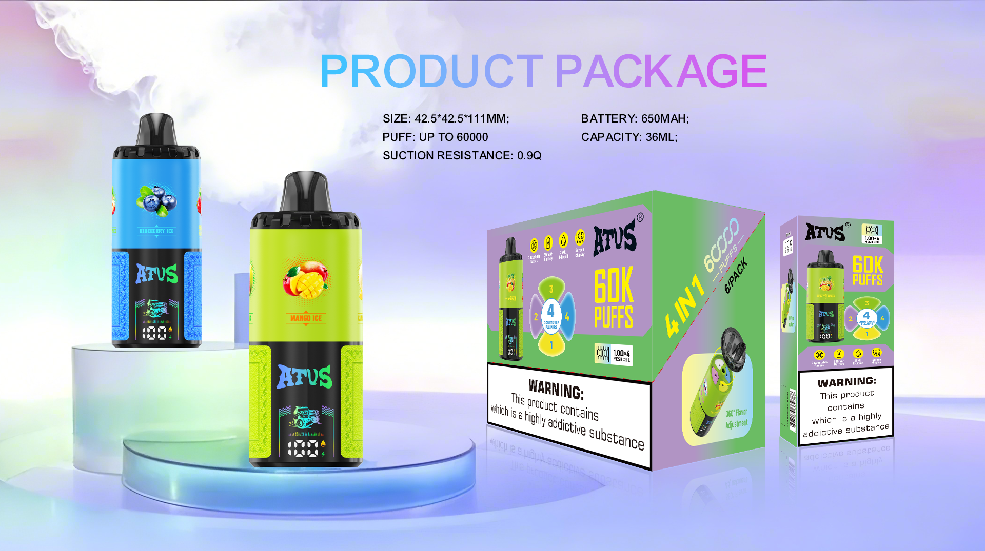 DE030 60000 Puffs Disposable Vape dengan paparan skrin Pintar dan perisa Empat dalam satu boleh laras caj pantas ATVS Vape